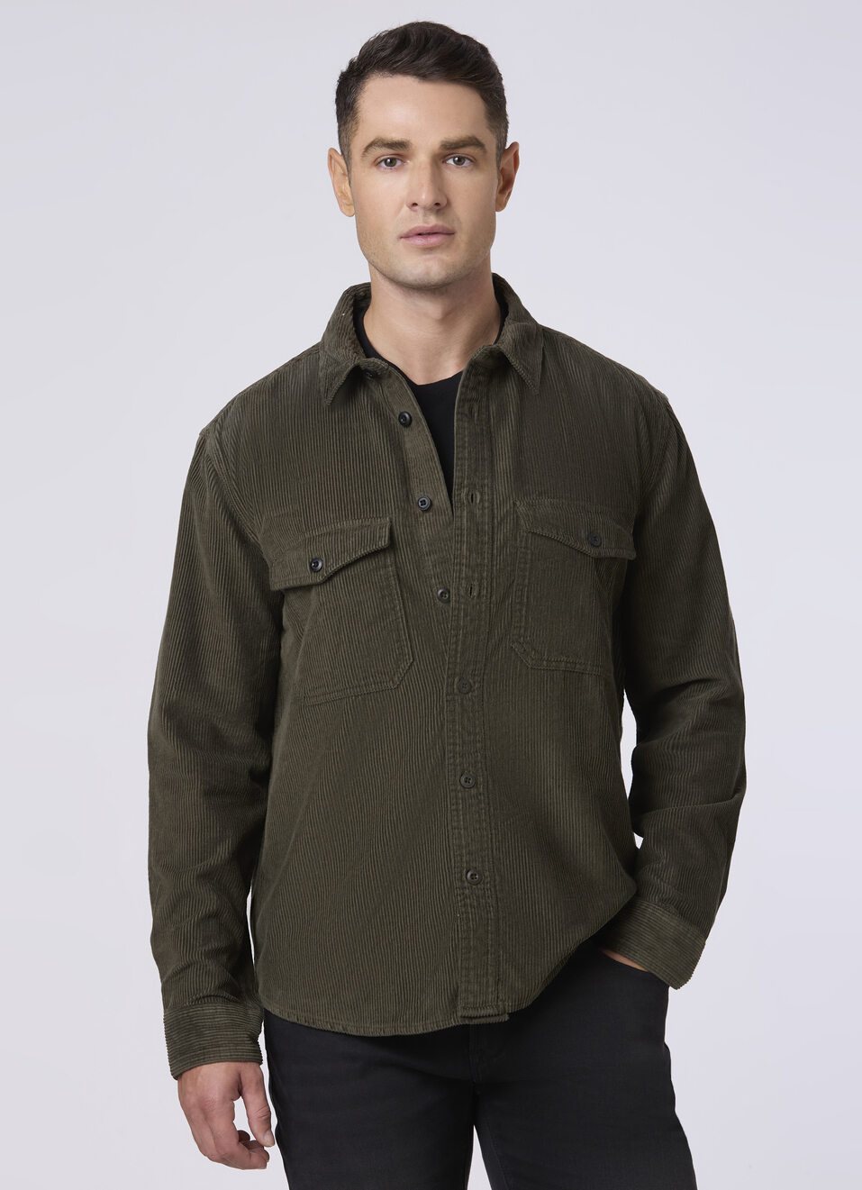 Men Green Corduroy Oversized Shirt With Flap Pocket, , large image number 0