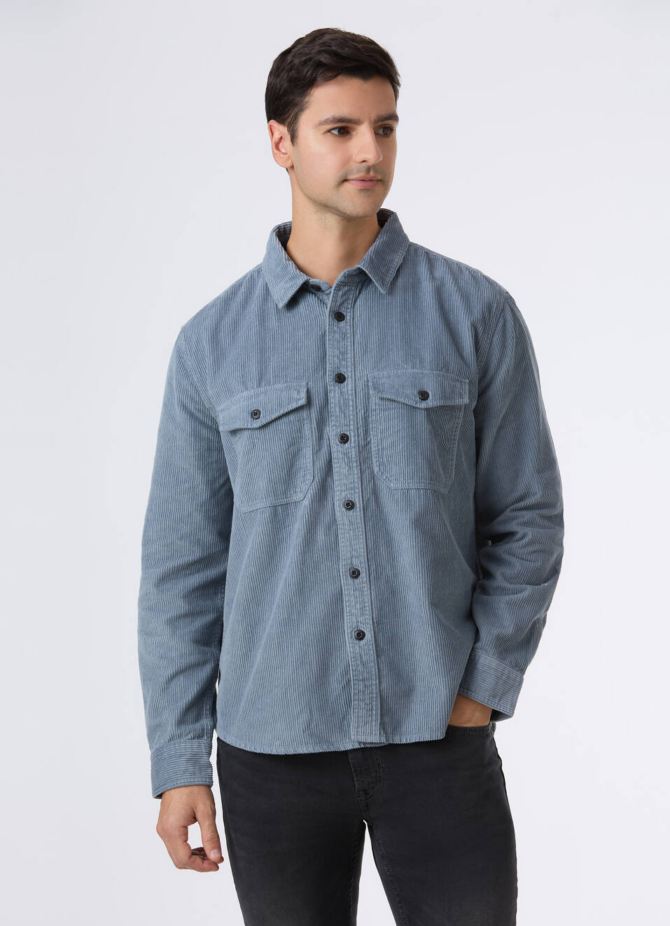Men Grey Corduroy Oversized Shirt With Flap Pocket, , large image number 1