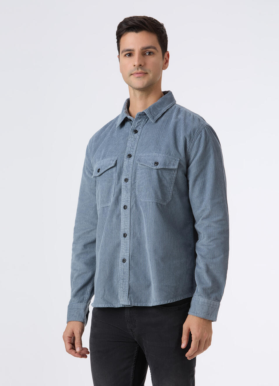 Men Grey Corduroy Oversized Shirt With Flap Pocket, , large image number 3