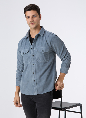 Men Grey Corduroy Oversized Shirt With Flap Pocket