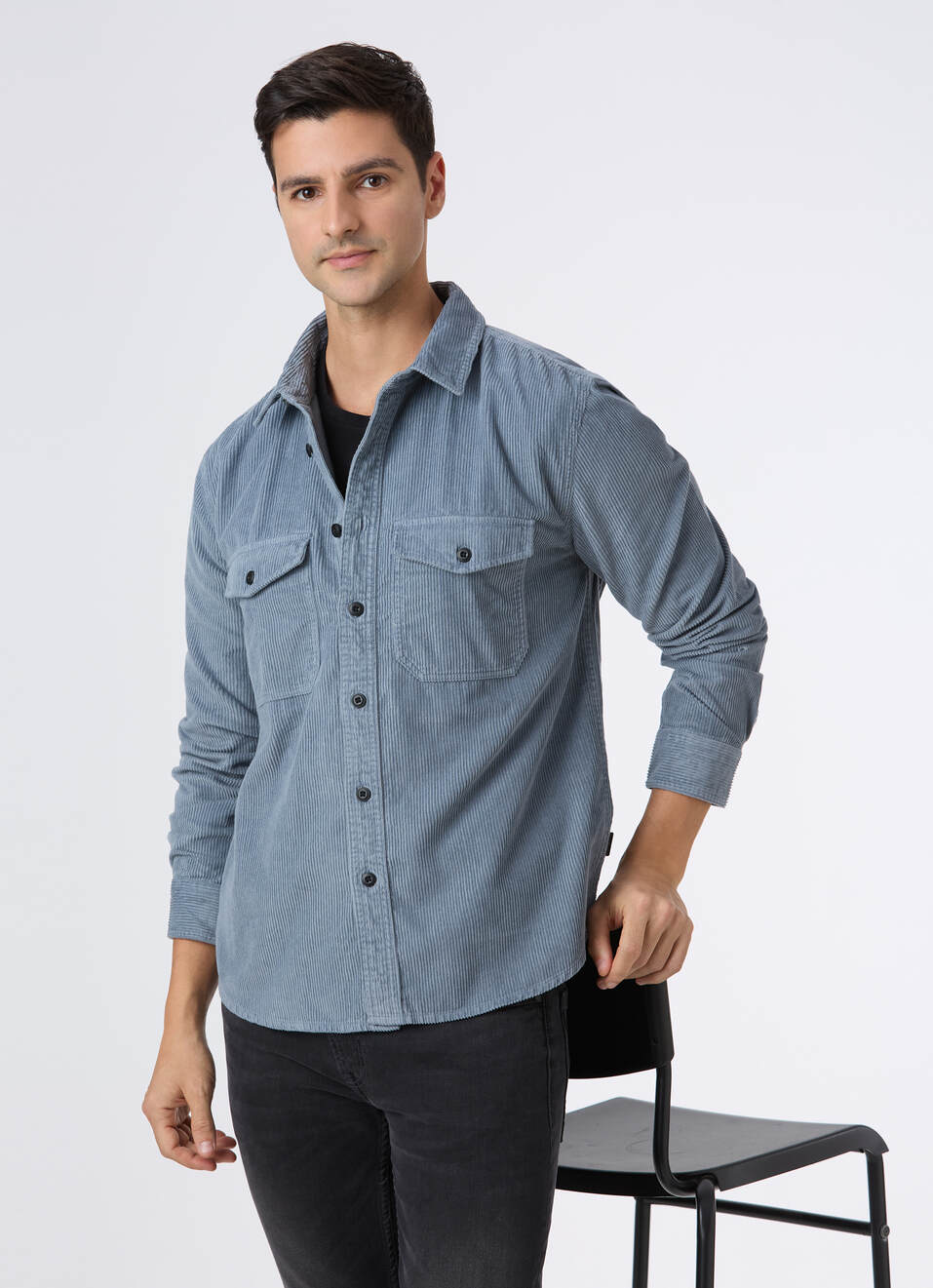 Men Grey Corduroy Oversized Shirt With Flap Pocket, , large image number 0