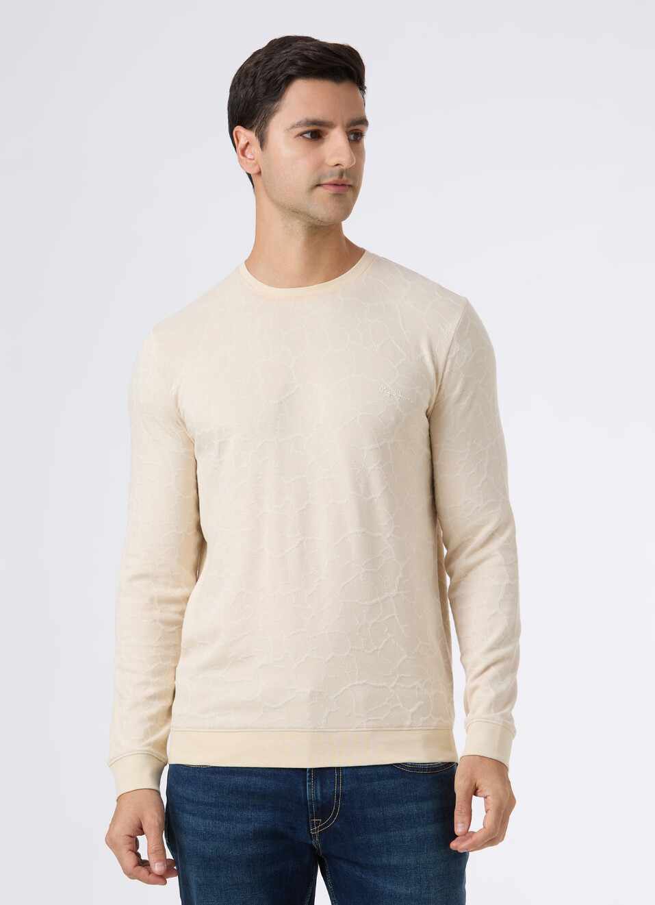 Men Beige Textured Slim Fit Full Sleeve T-shirt, , large image number 1