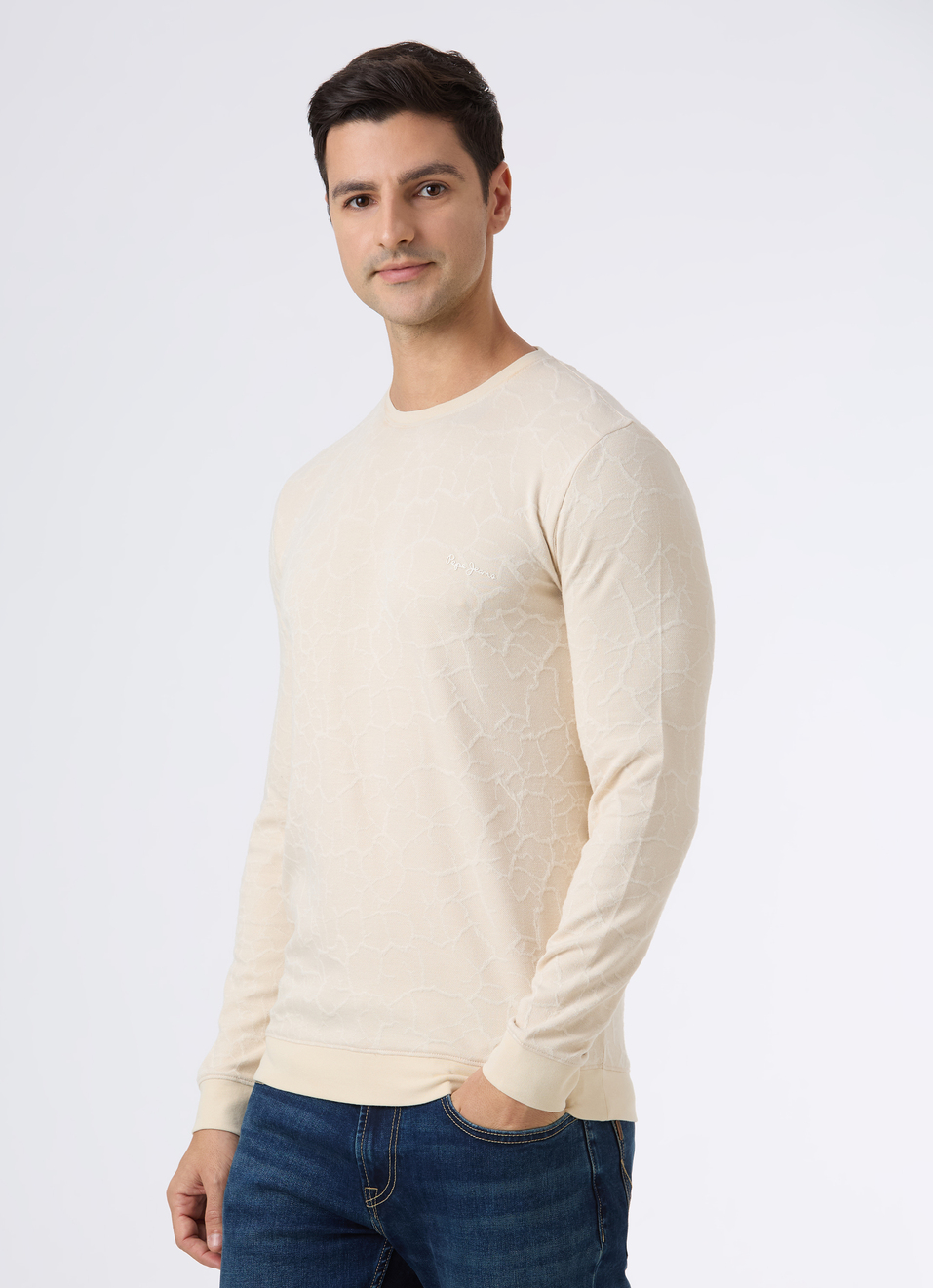 Men Beige Textured Slim Fit Full Sleeve T-shirt, , large image number 3