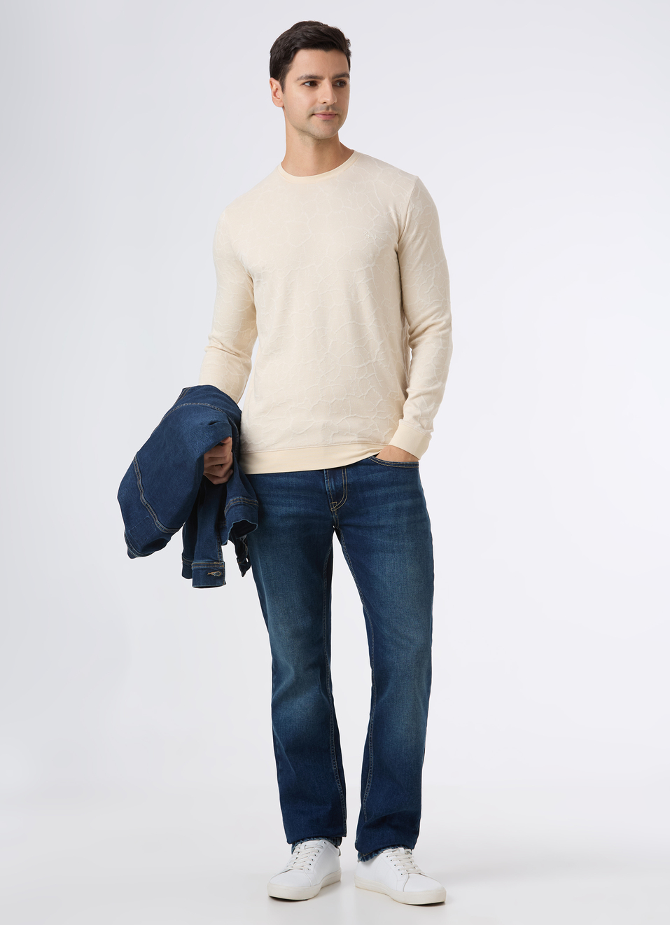 Men Beige Textured Slim Fit Full Sleeve T-shirt, , large image number 5