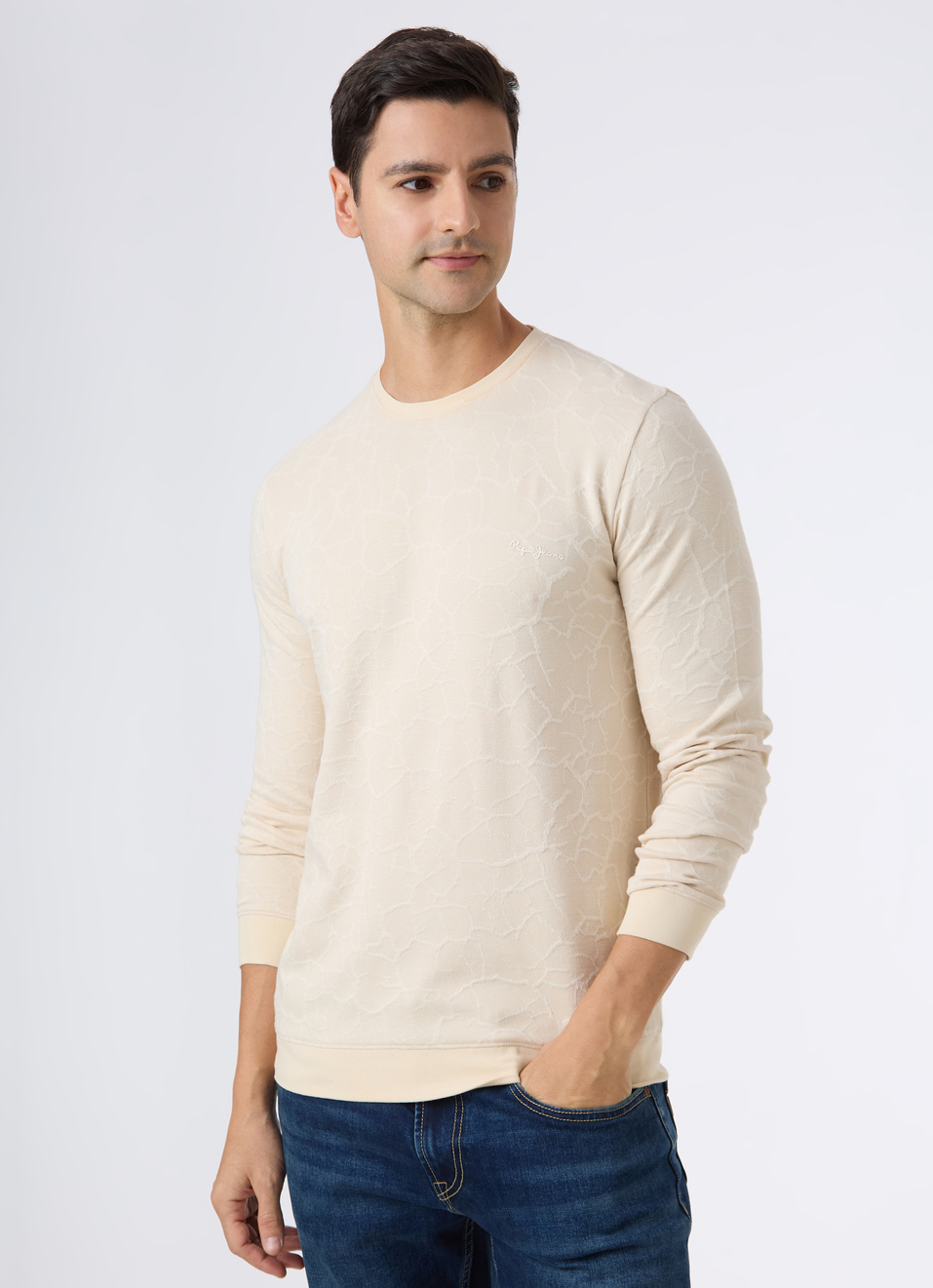 Men Beige Textured Slim Fit Full Sleeve T-shirt, , large image number 0