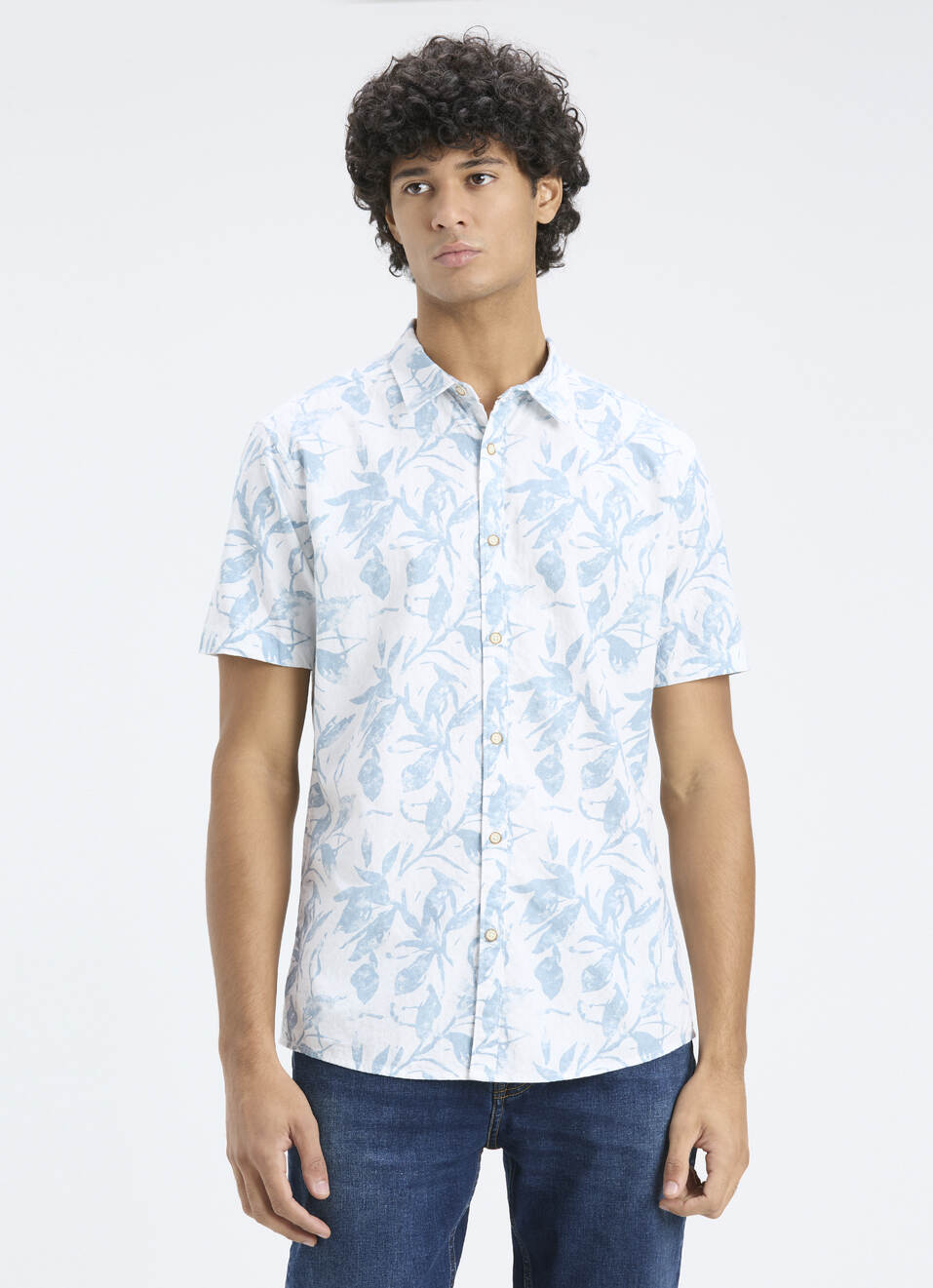Men Blue Botanical Print Short Sleeve Shirt, , large image number 1