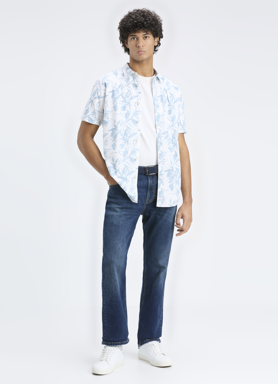 Men Blue Botanical Print Short Sleeve Shirt, , large image number 5