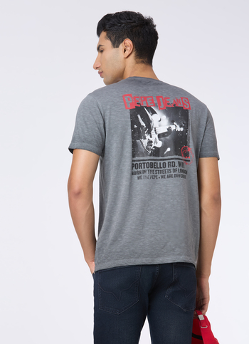 Men Grey Back Graphic Print Slim Short Sleeve T-shirt