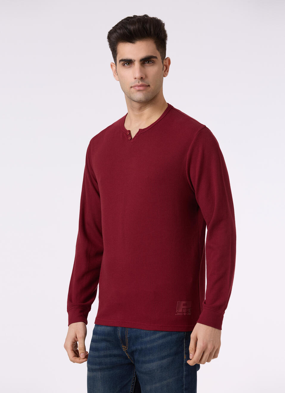 Men Burgundy Henley Neck Full Sleeve T-shirt, , large image number 3