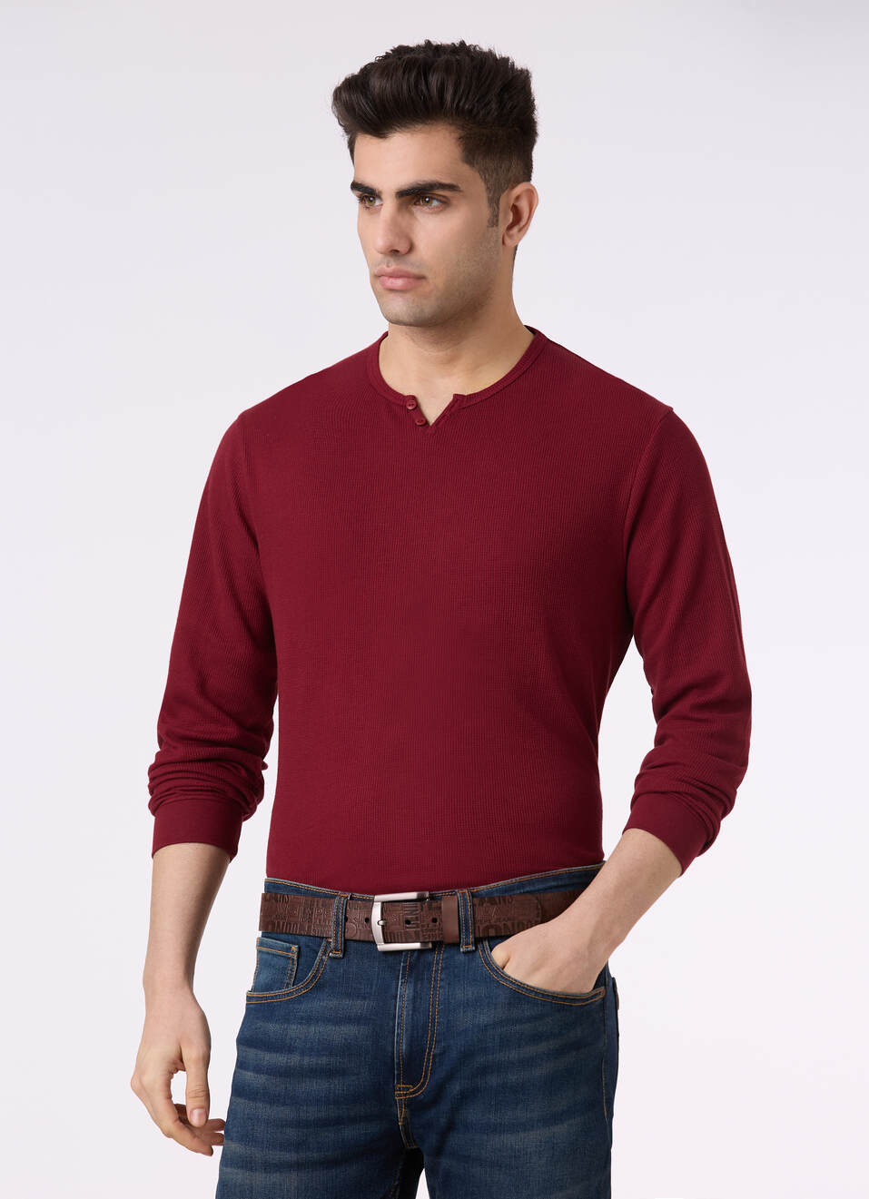 Men Burgundy Henley Neck Full Sleeve T-shirt, , large image number 0