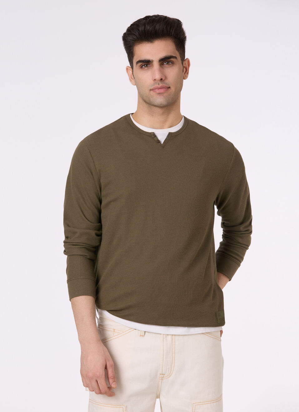 Men Leaf Green Henley Neck Full Sleeve T-shirt, , large image number 0