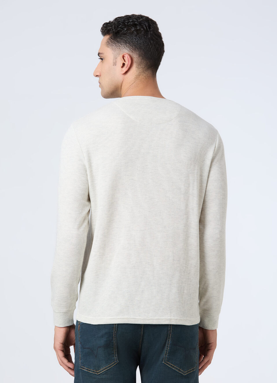 Men Ecru White Henley Neck Full Sleeve T-shirt, , large image number 2