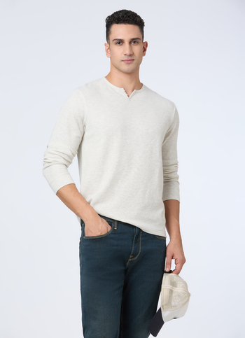 Men Ecru White Henley Neck Full Sleeve T-shirt
