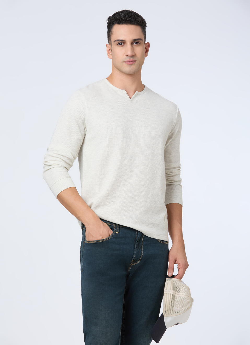 Men Ecru White Henley Neck Full Sleeve T-shirt, , large image number 0