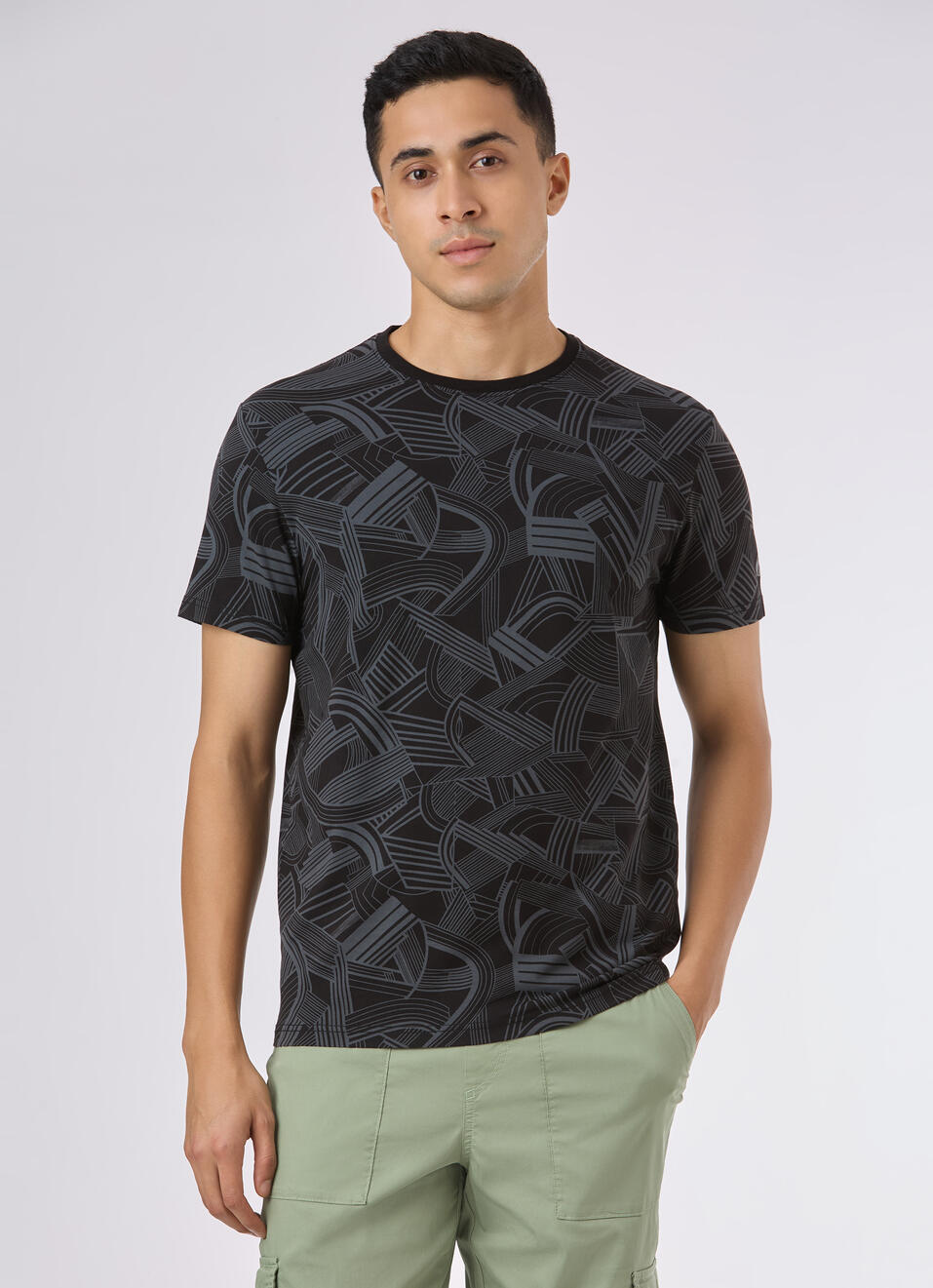 Men Black Abstract Print Short Sleeve  T-shirt, , large image number 1