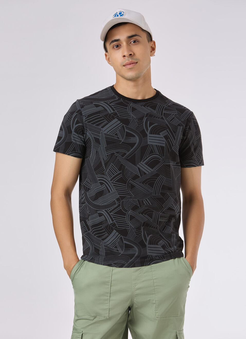 Men Black Abstract Print Short Sleeve  T-shirt, , large image number 0