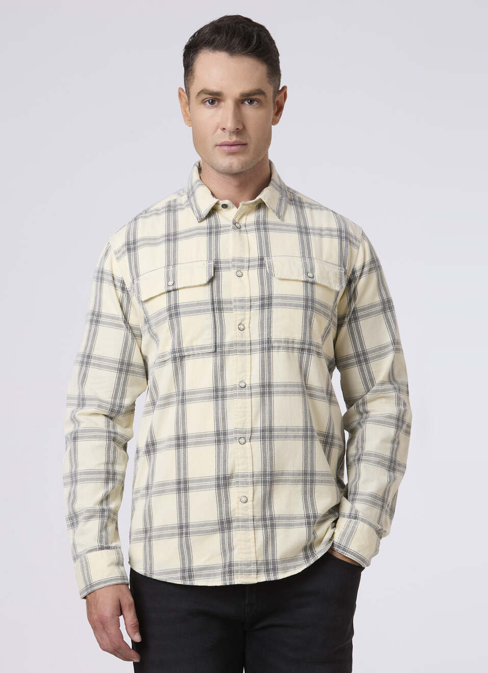 Men Off White Checked Flap Pocket Casual Shirt, , large image number 1