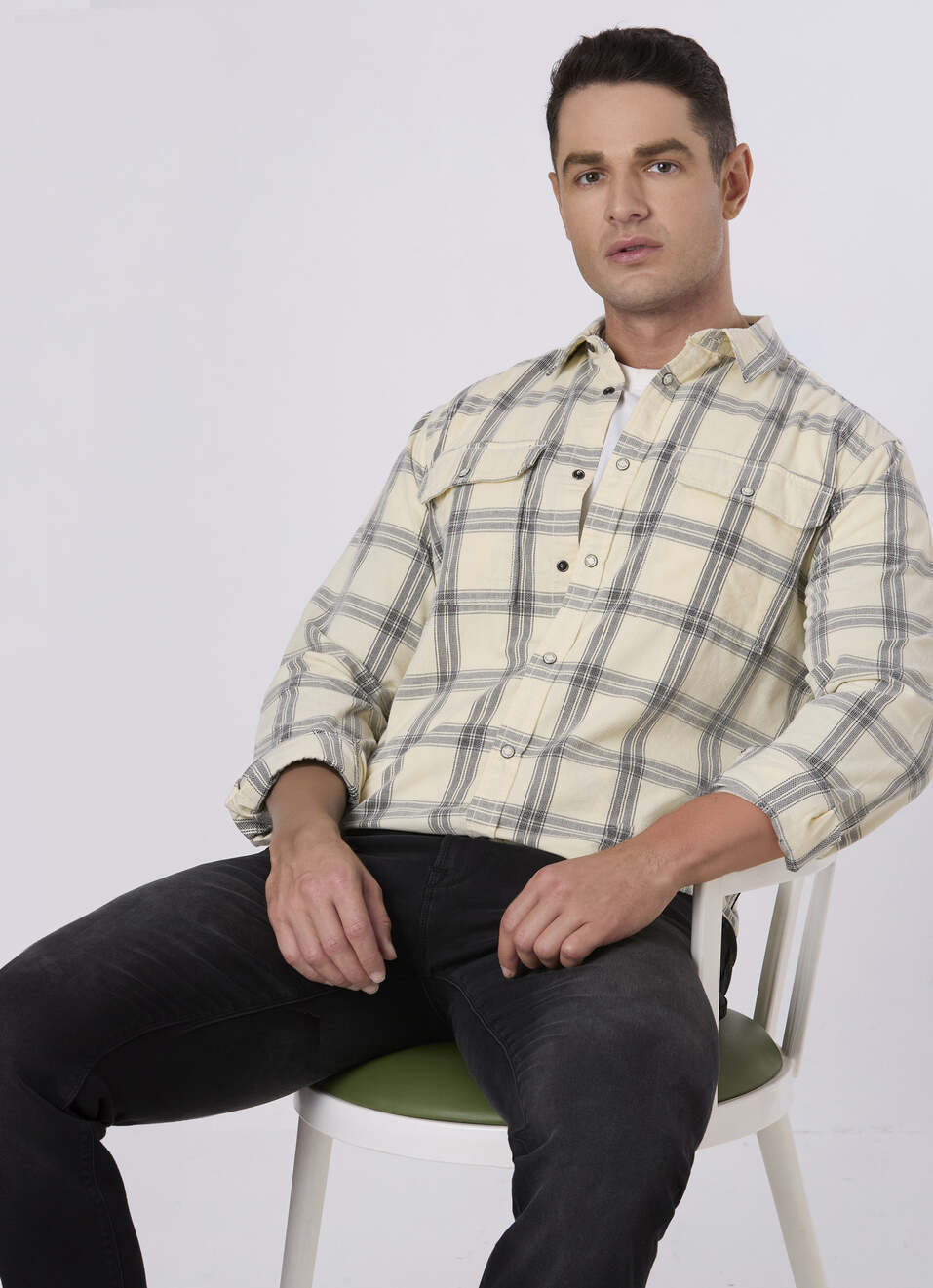 Men Off White Checked Flap Pocket Casual Shirt, , large image number 0