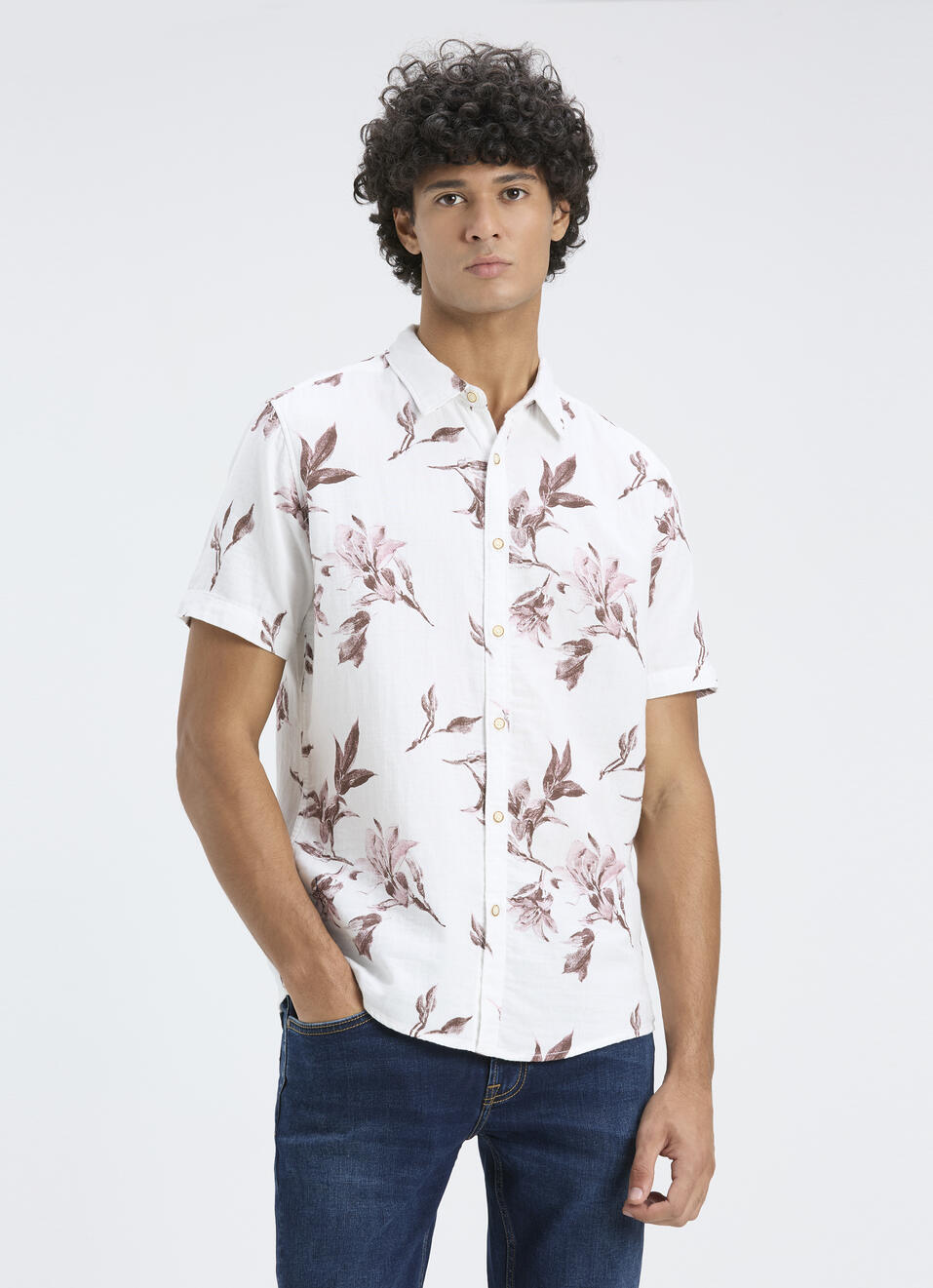 Men White Botanical Print Short Sleeve Shirt, , large image number 1