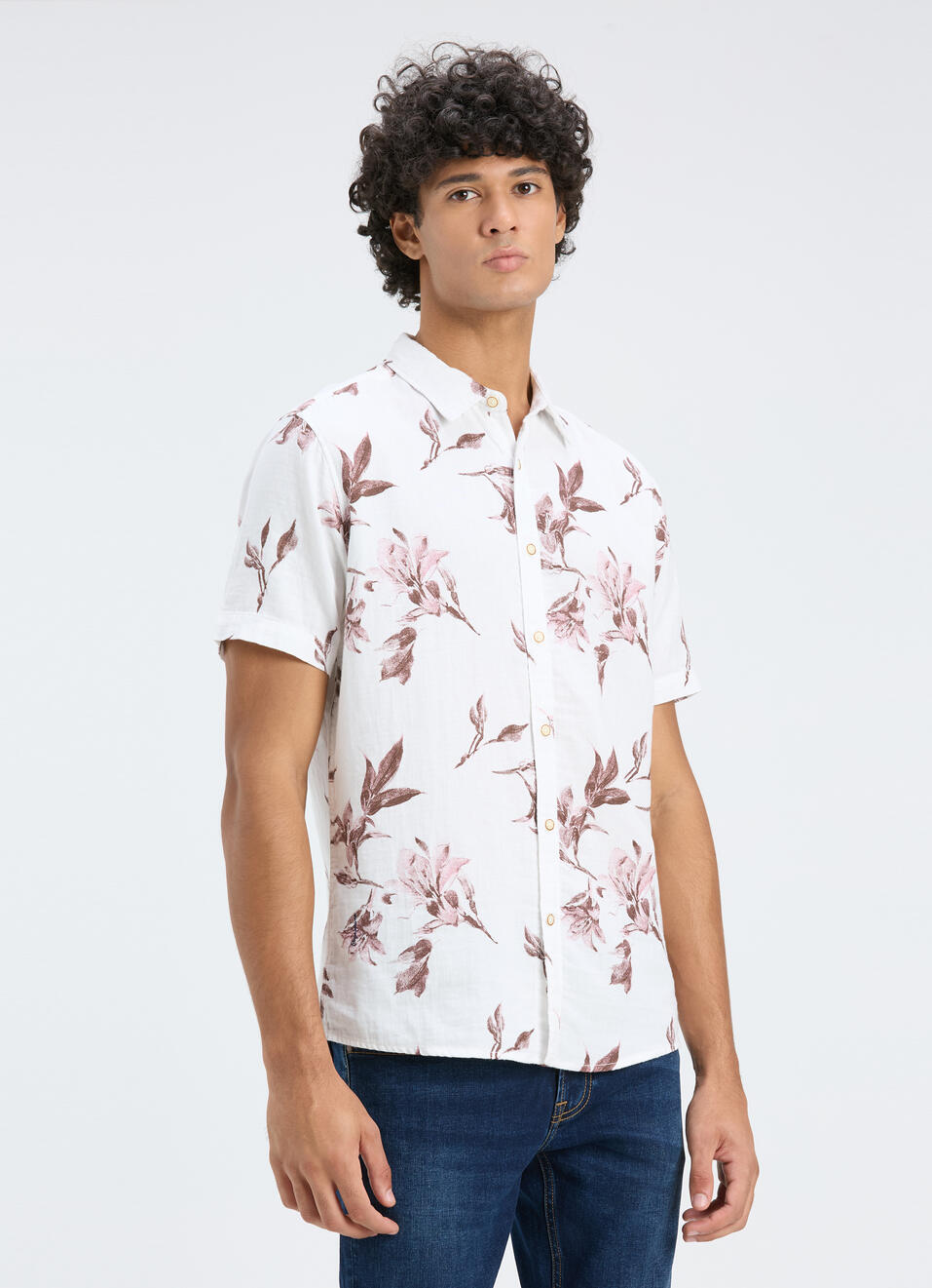 Men White Botanical Print Short Sleeve Shirt, , large image number 3
