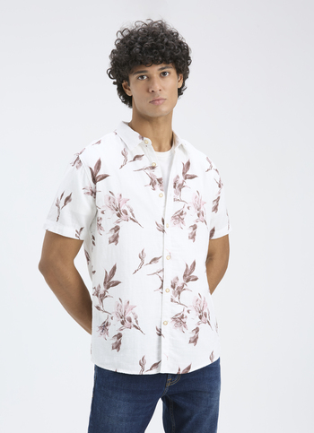 Men White Botanical Print Short Sleeve Shirt