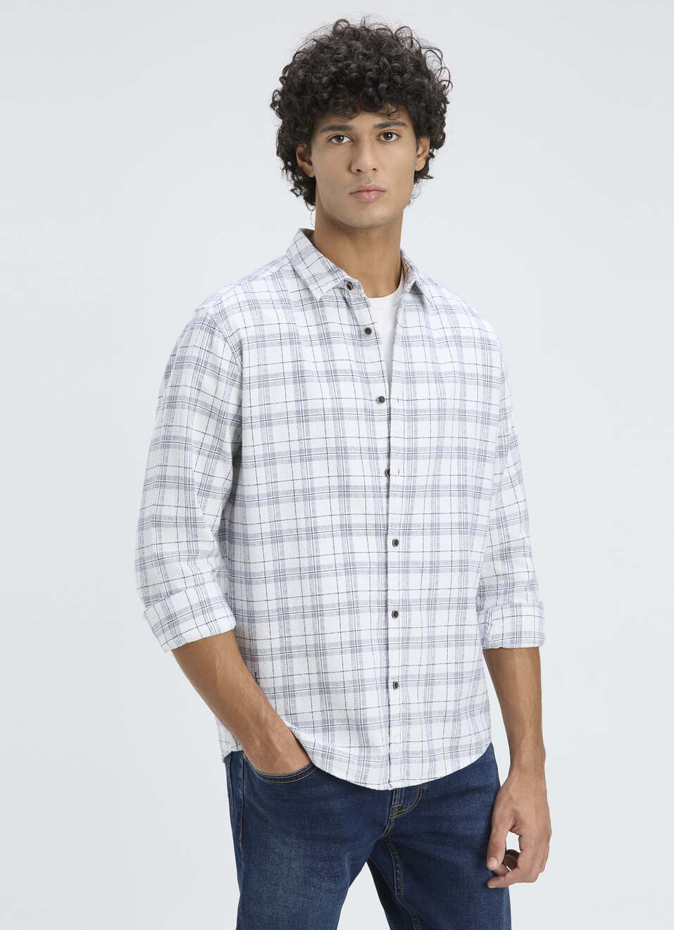 Men White Yarn-dyed Check Full Sleeve Shirt, , large image number 0