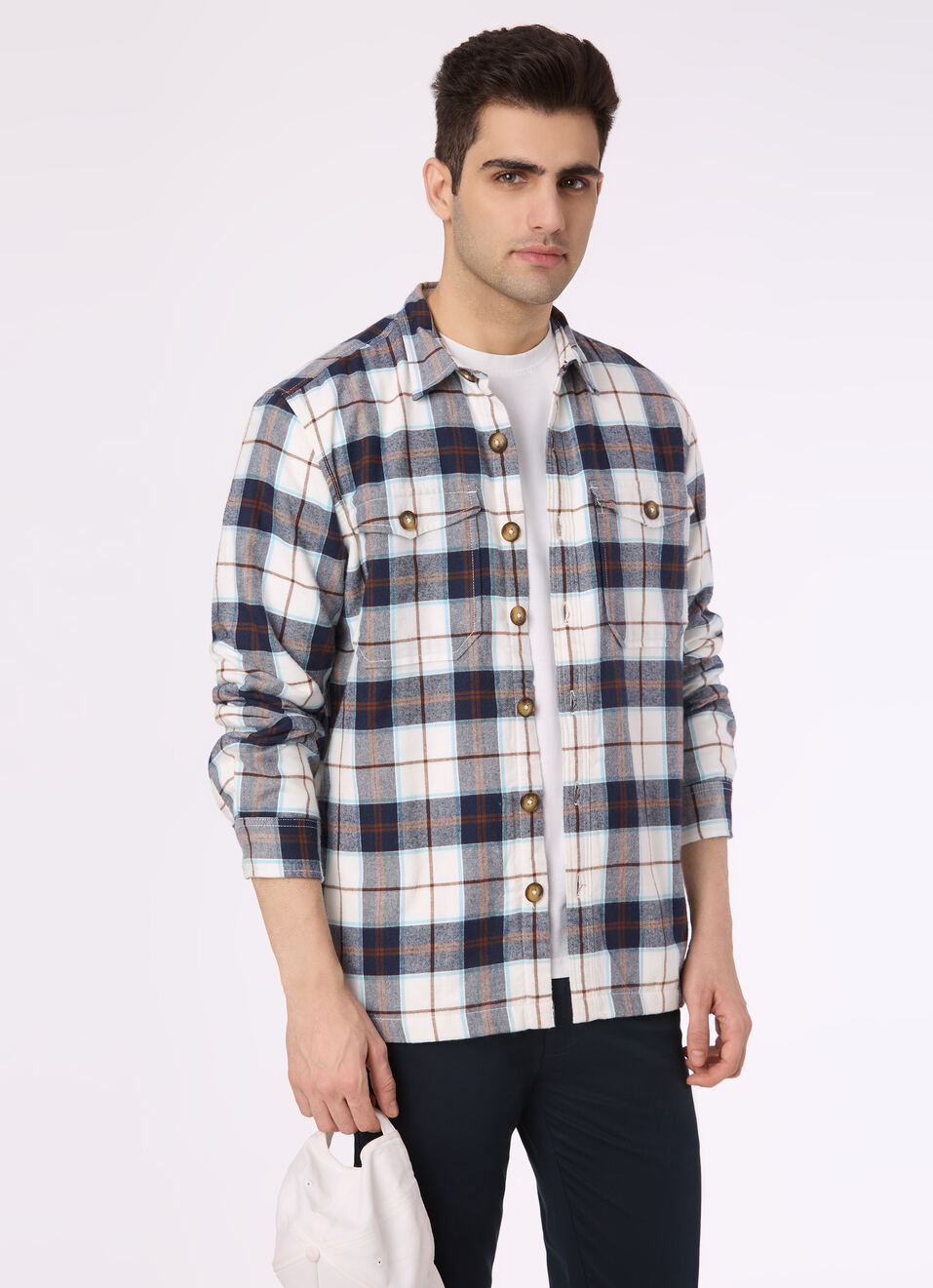 Men White Oversized Check Full Sleeve Shirt, , large image number 0
