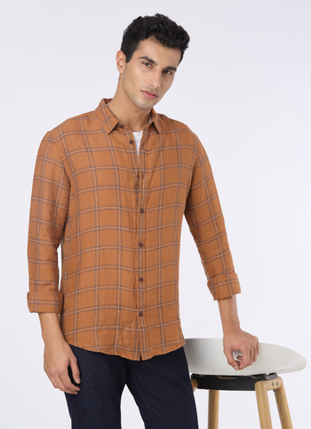 Men Brown Check Full Sleeve Shirt