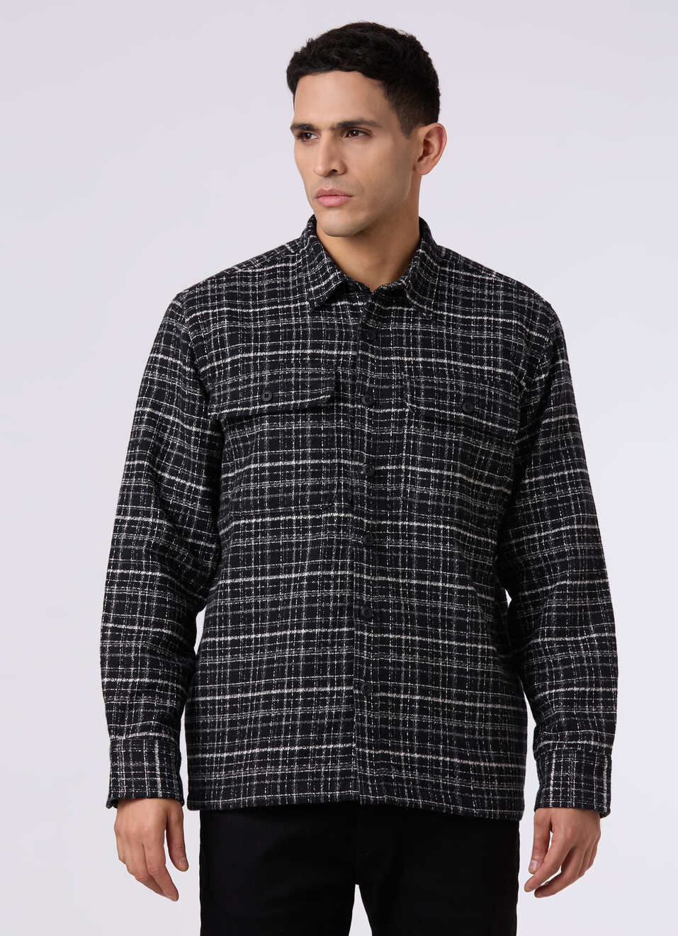 Men Oversized Black Checked Shacket, , large image number 1