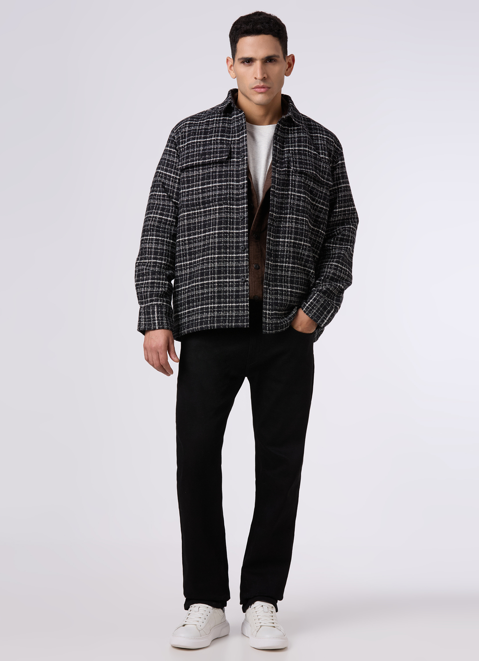 Men Oversized Black Checked Shacket, , large image number 5