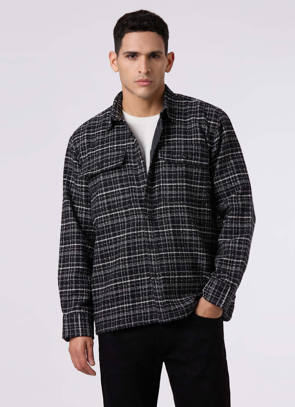 Men Oversized Black Checked Shacket, , large image number 0