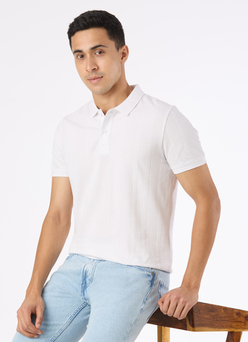 Men White Textured Short Sleeve Polo