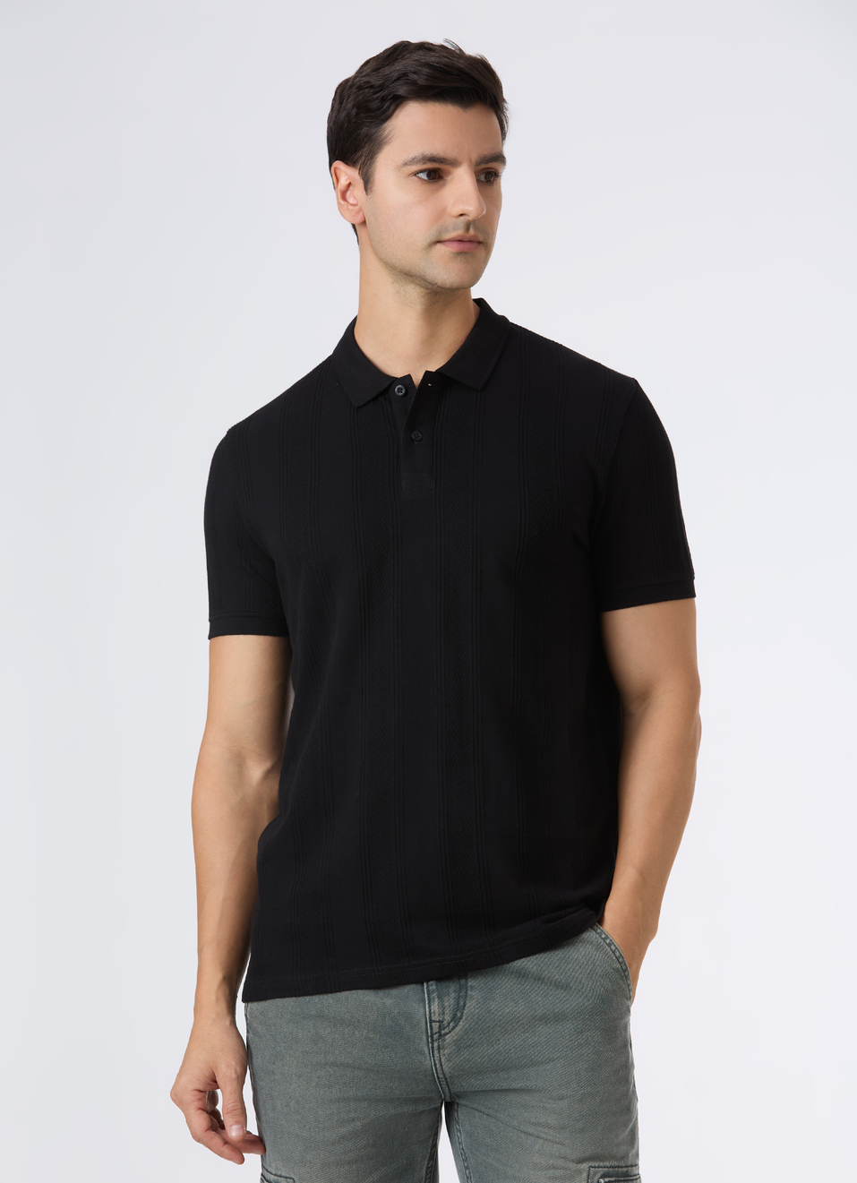 Men Black Textured Short Sleeve Polo, , large image number 1