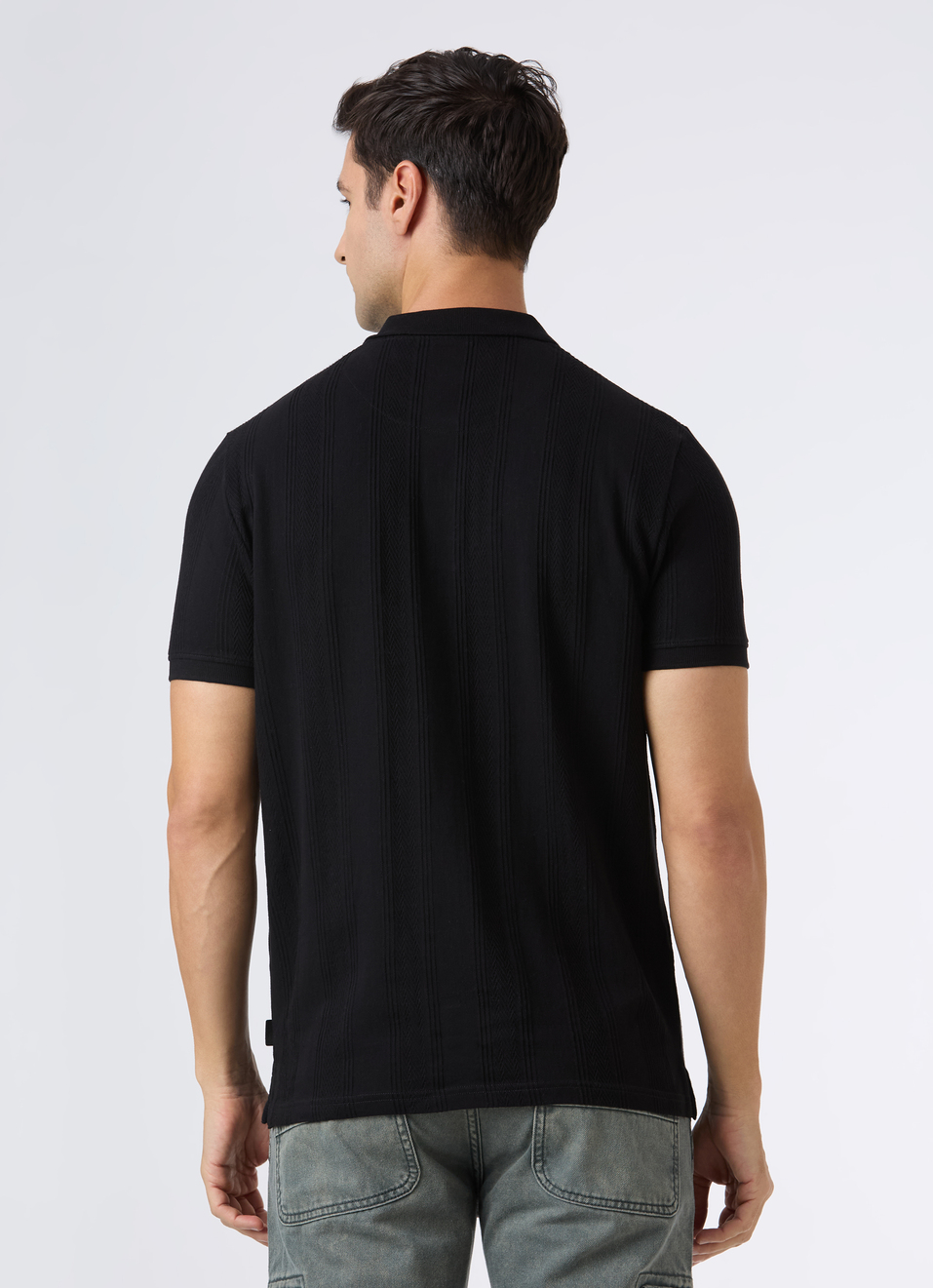 Men Black Textured Short Sleeve Polo, , large image number 2