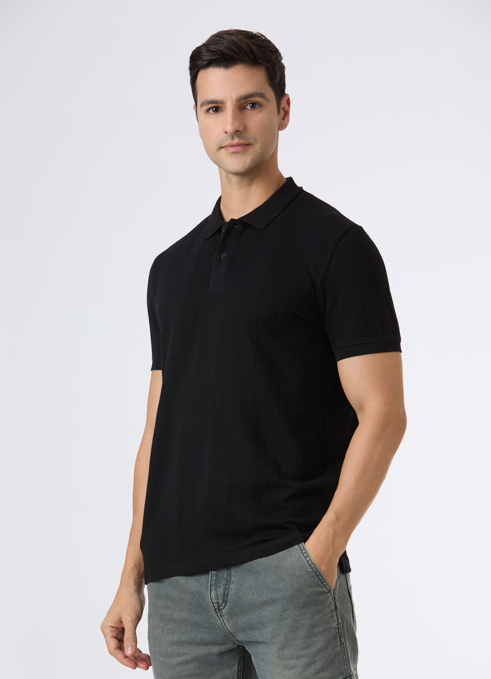 Men Black Textured Short Sleeve Polo, , large image number 3