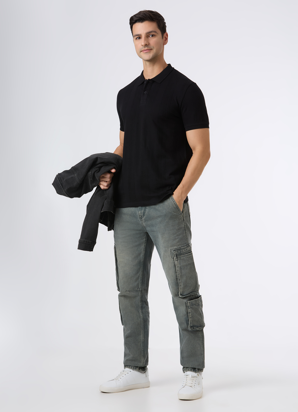 Men Black Textured Short Sleeve Polo, , large image number 5