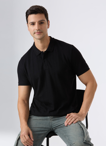 Men Black Textured Short Sleeve Polo