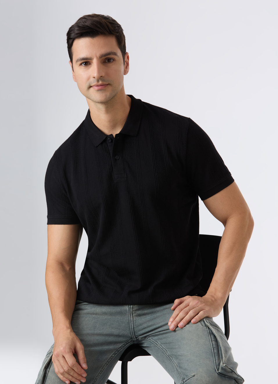 Men Black Textured Short Sleeve Polo, , large image number 0
