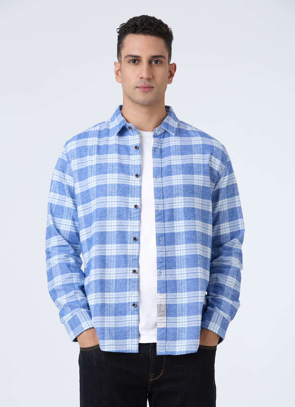 Men Blue Check Full Sleeve Shirt, , large image number 0