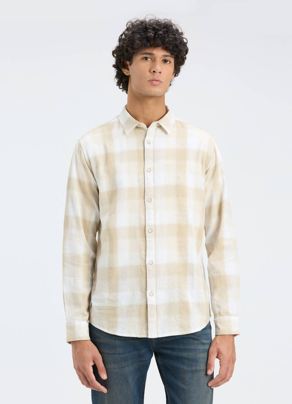 Men Natural Beige Check Full Sleeve Shirt, , large image number 1