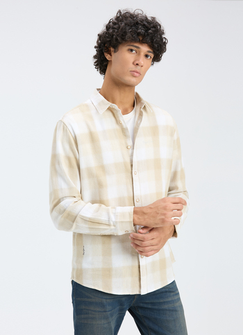 Men Natural Beige Check Full Sleeve Shirt
