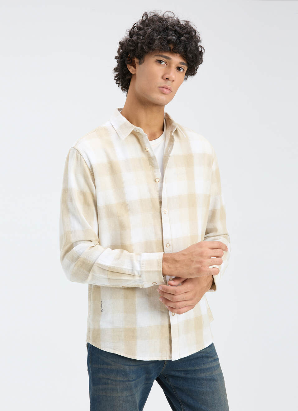 Men Natural Beige Check Full Sleeve Shirt, , large image number 0