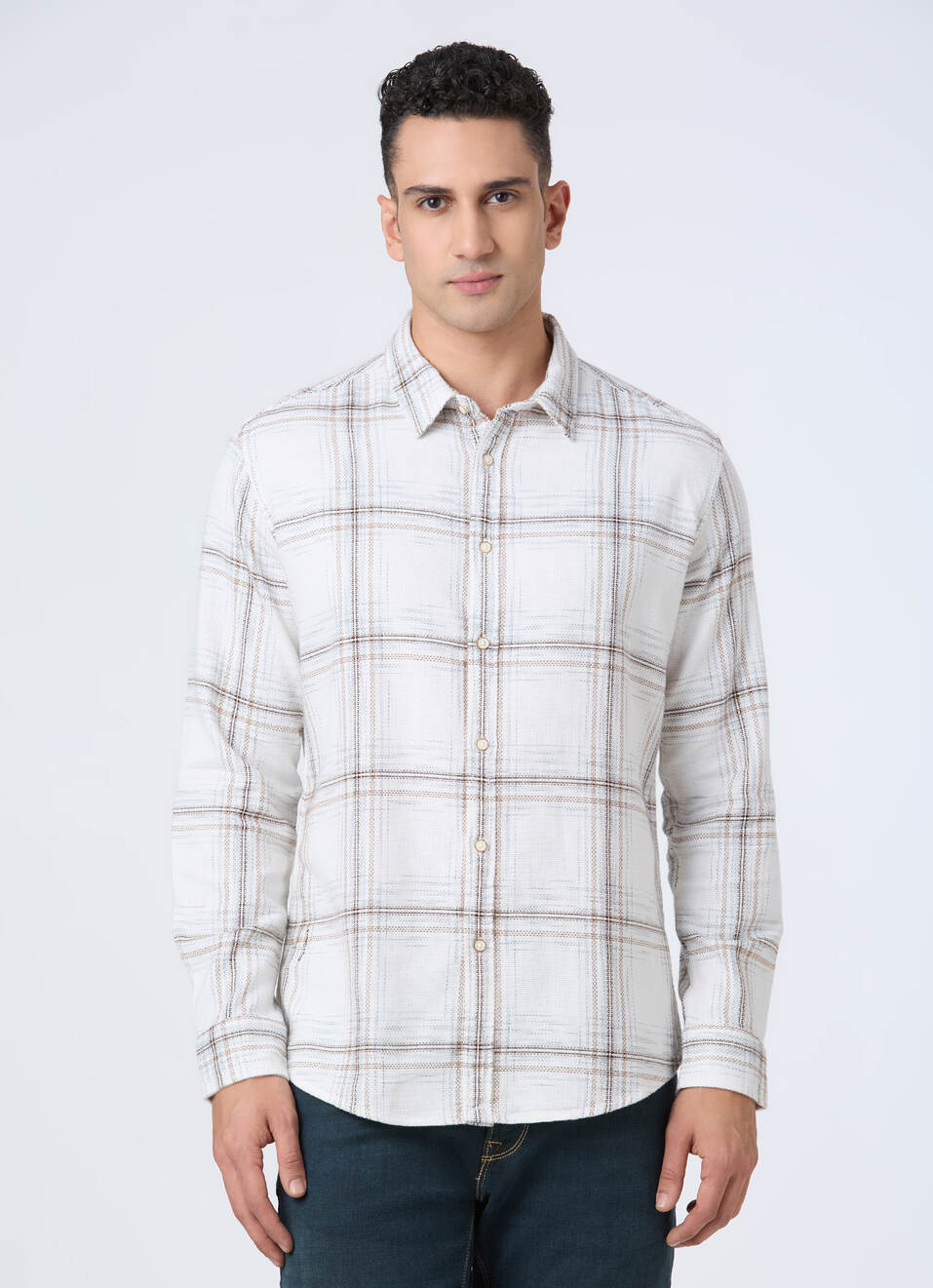 Men White Check Full Sleeve Shirt, , large image number 1