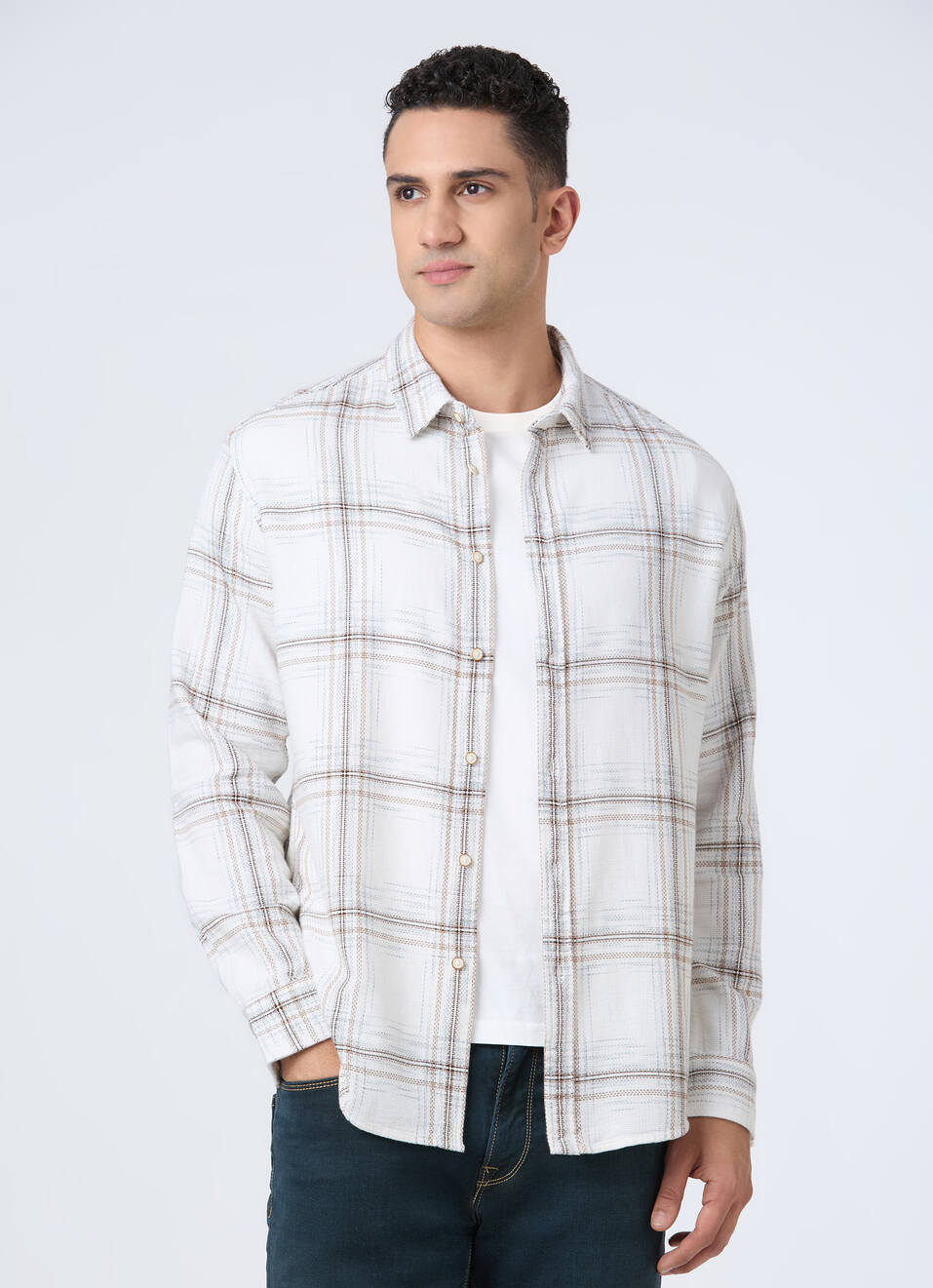Men White Check Full Sleeve Shirt, , large image number 0