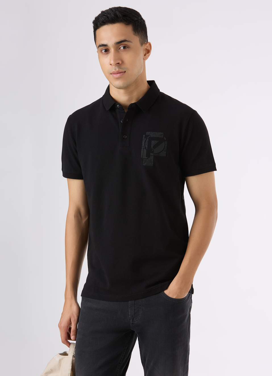 Men Black Short Sleeve Stretch Polo, , large image number 0