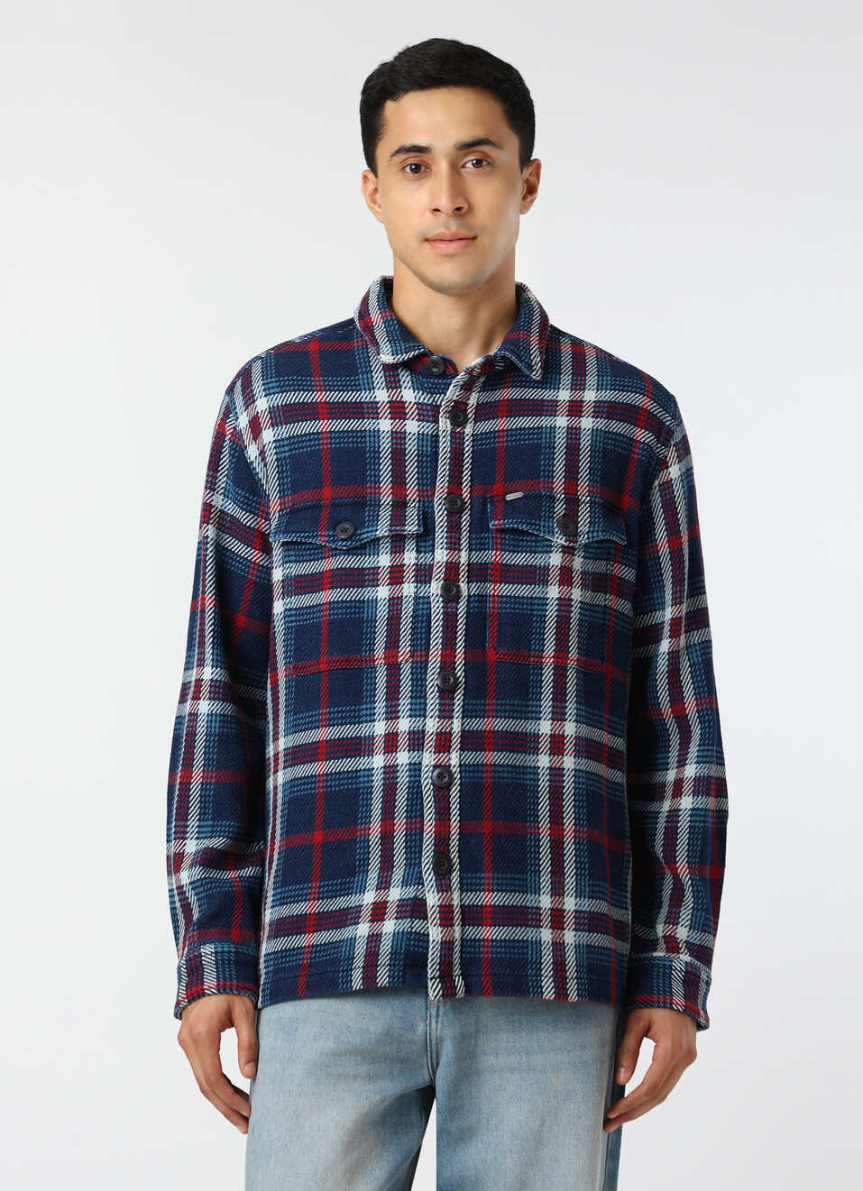 Men Indigo Blue Oversized Checked Shacket, , large image number 1