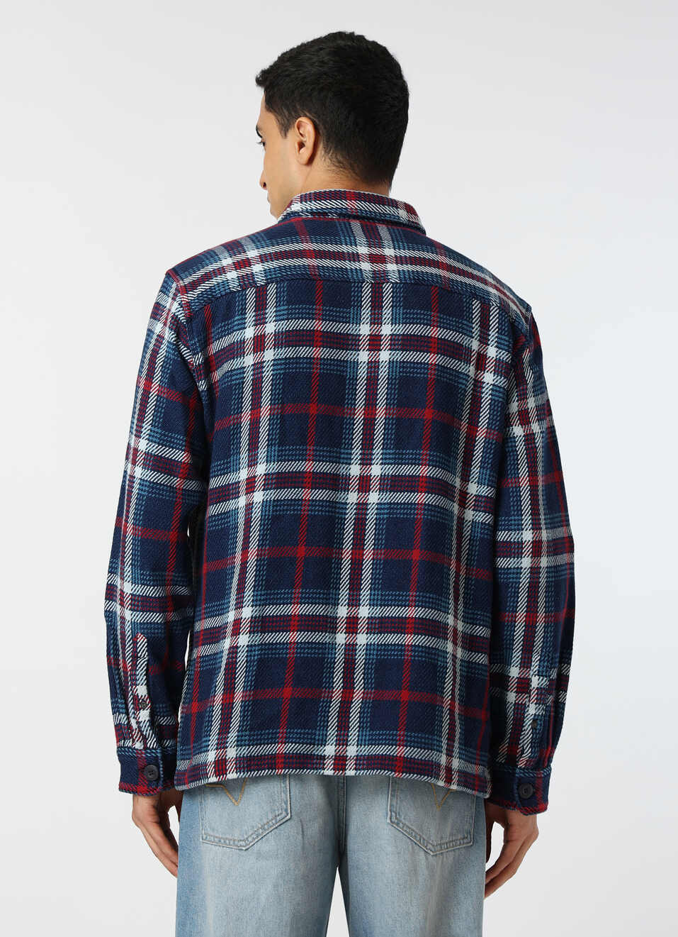 Men Indigo Blue Oversized Checked Shacket, , large image number 2