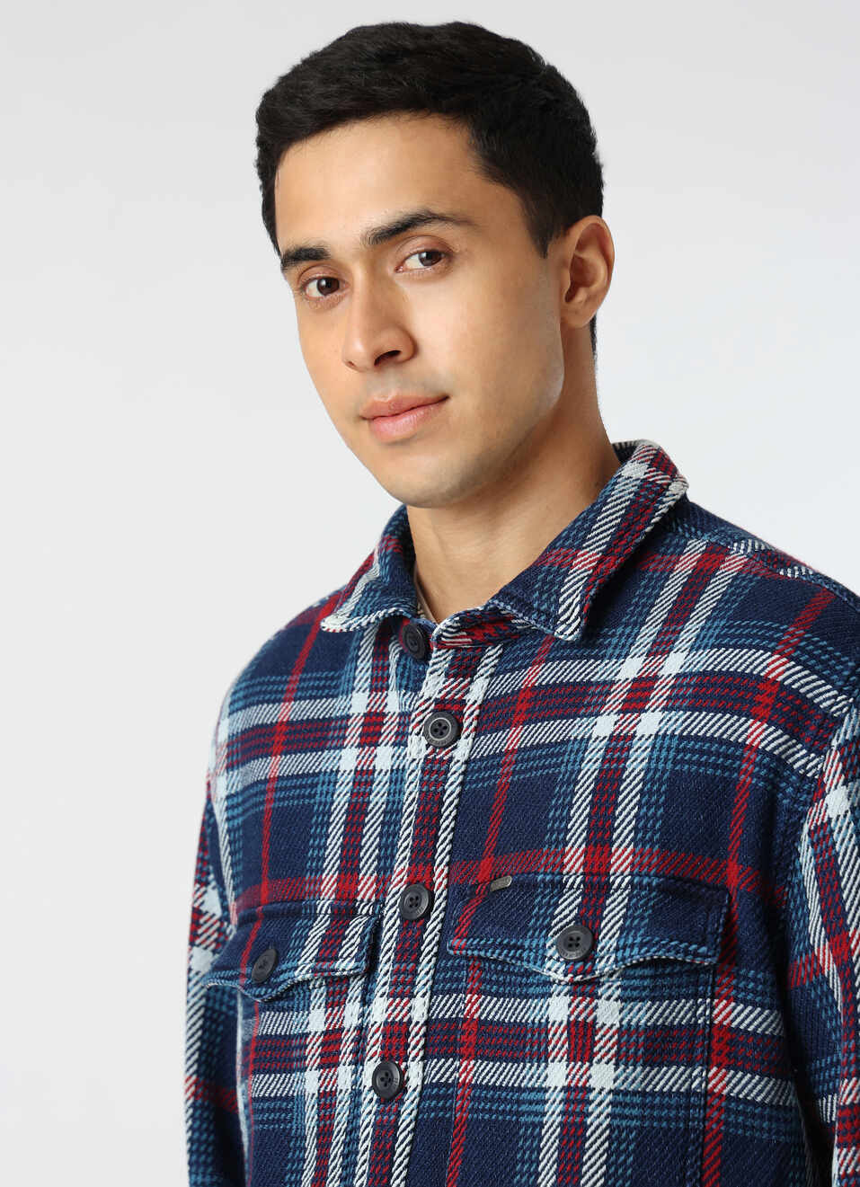 Men Indigo Blue Oversized Checked Shacket, , large image number 4