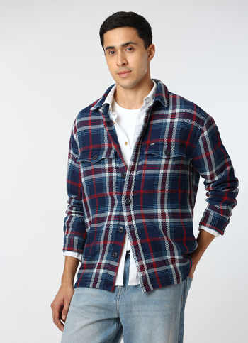Men Indigo Blue Oversized Checked Shacket