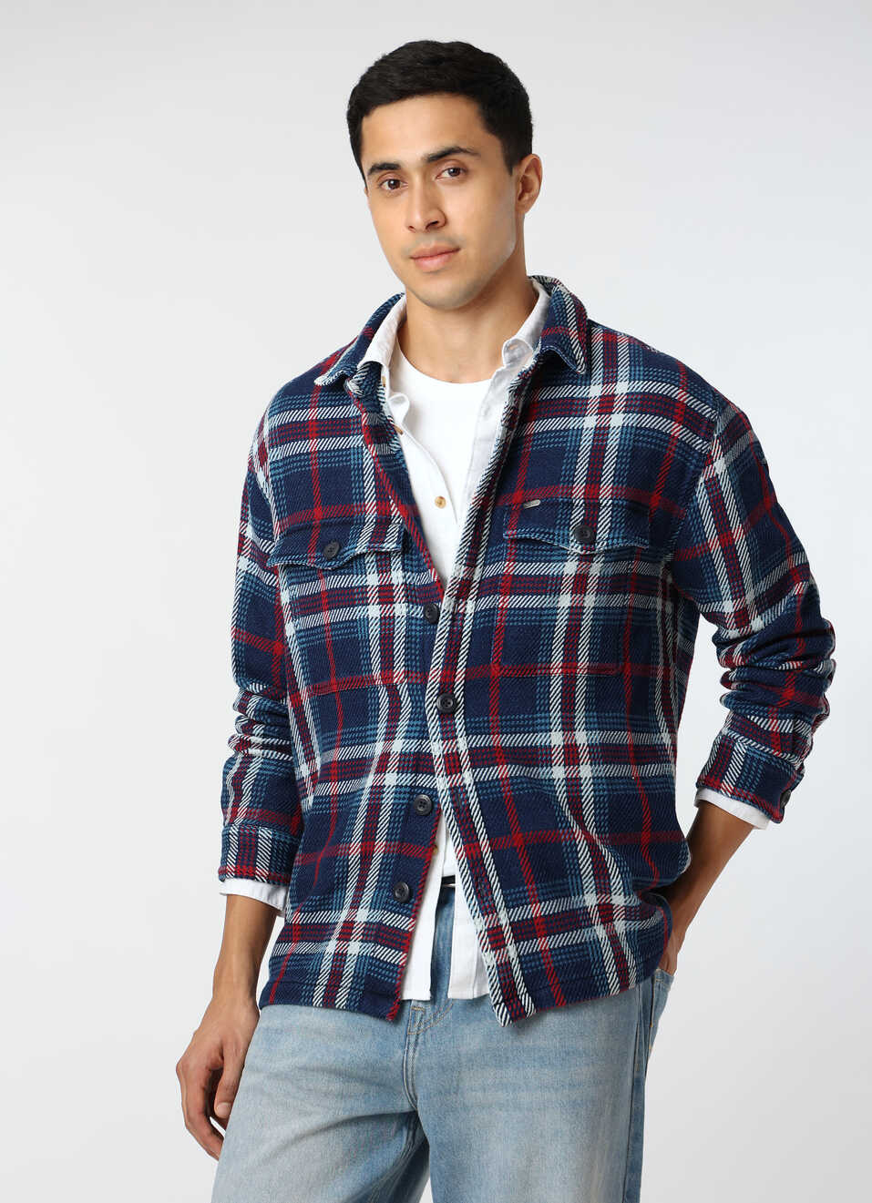 Men Indigo Blue Oversized Checked Shacket, , large image number 0
